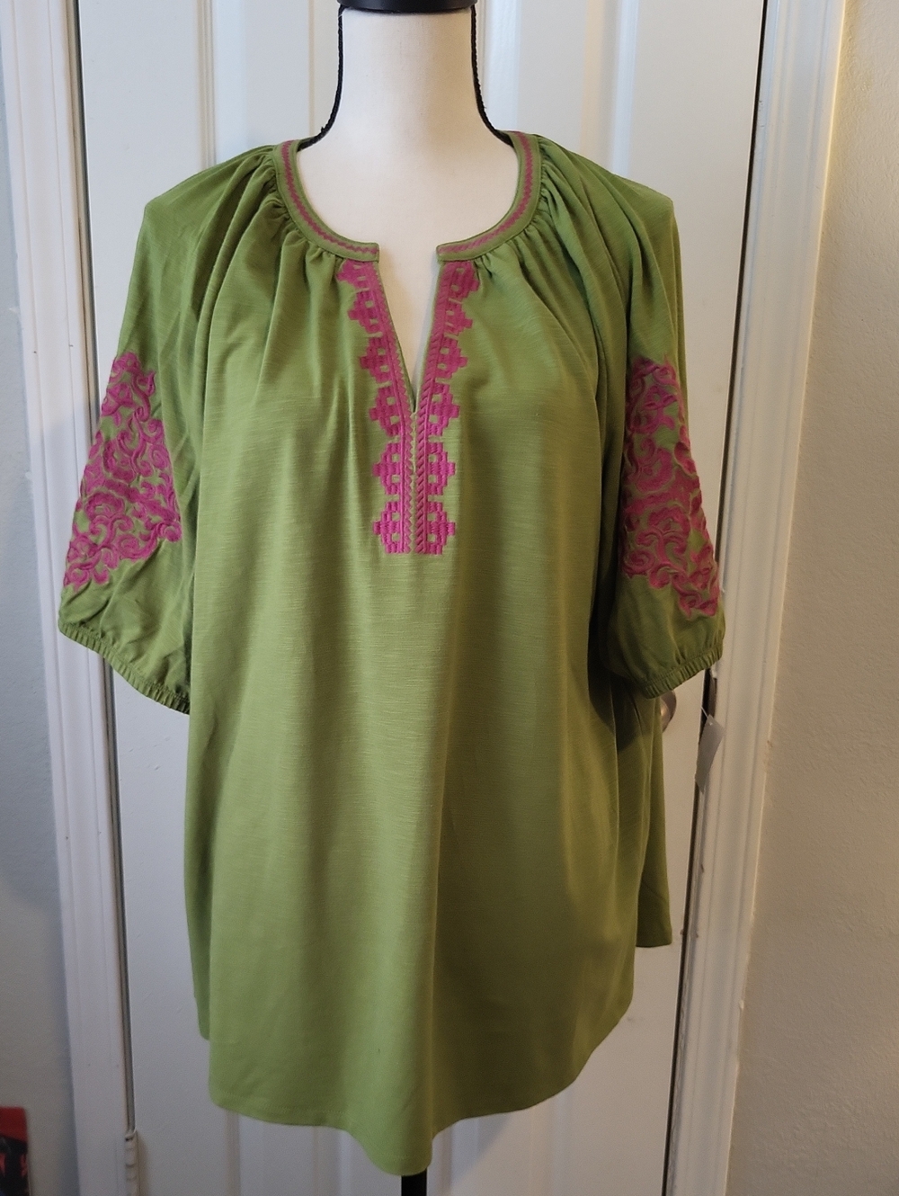 Belle Boho by Kim Gravel Olive Tunic with Pink Embroidery